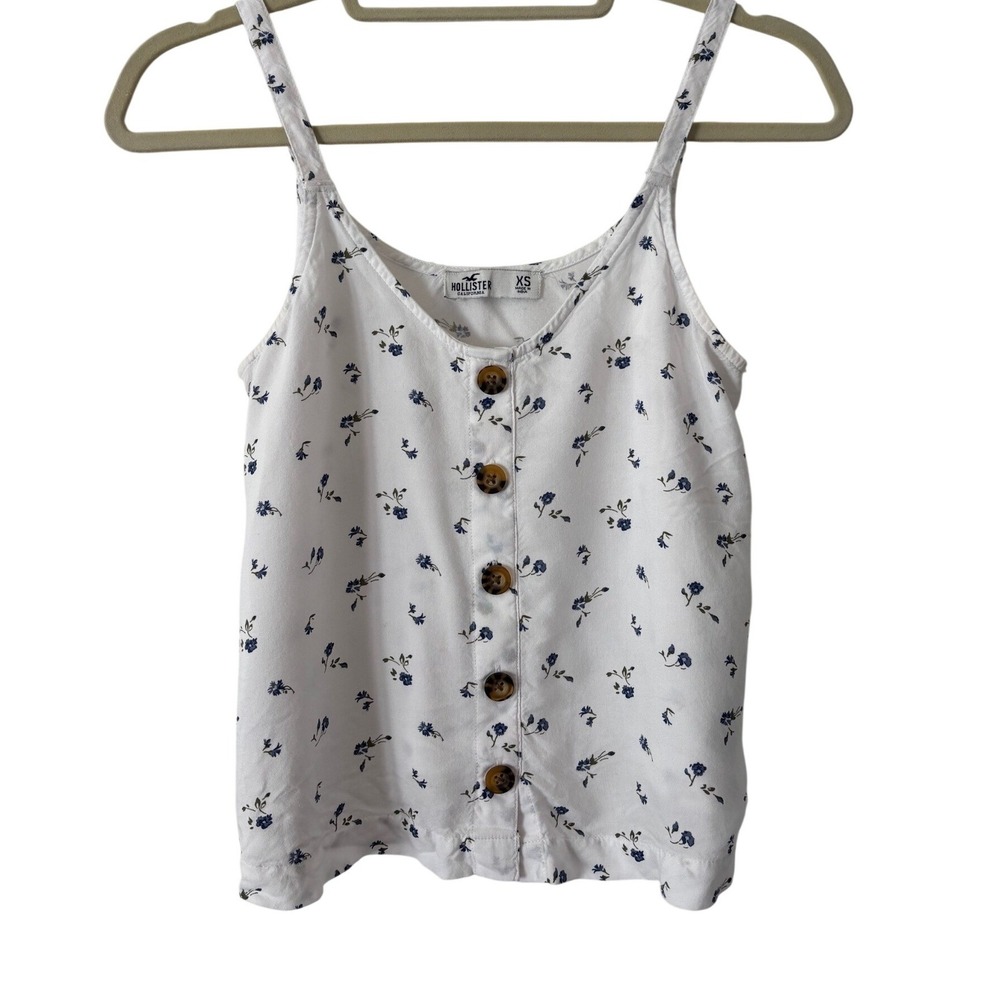 Hollister White Floral Button Front Cami Tank Top XS 340F2481-00 Blue Flowers